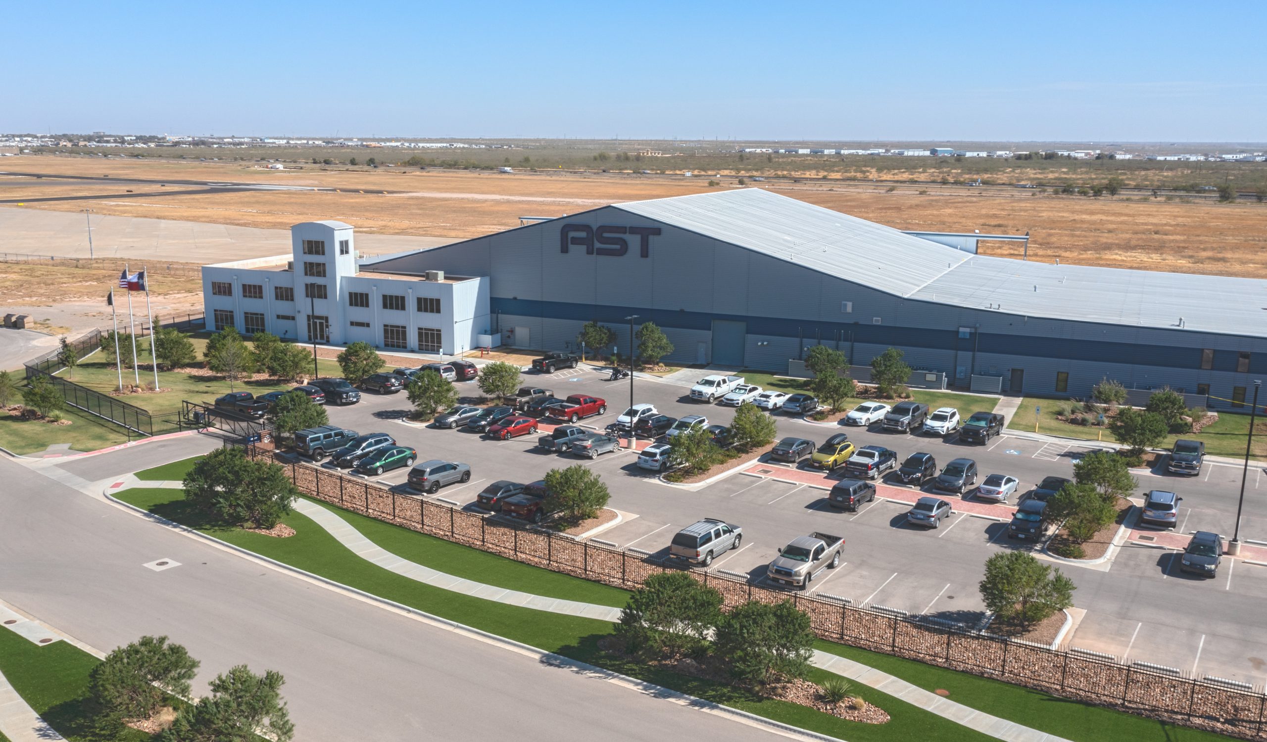 A drone photo of AST SpaceMobile's headquarters and Site 1 satellite manufacturing facility in Midland, Texas, circa October 2021.