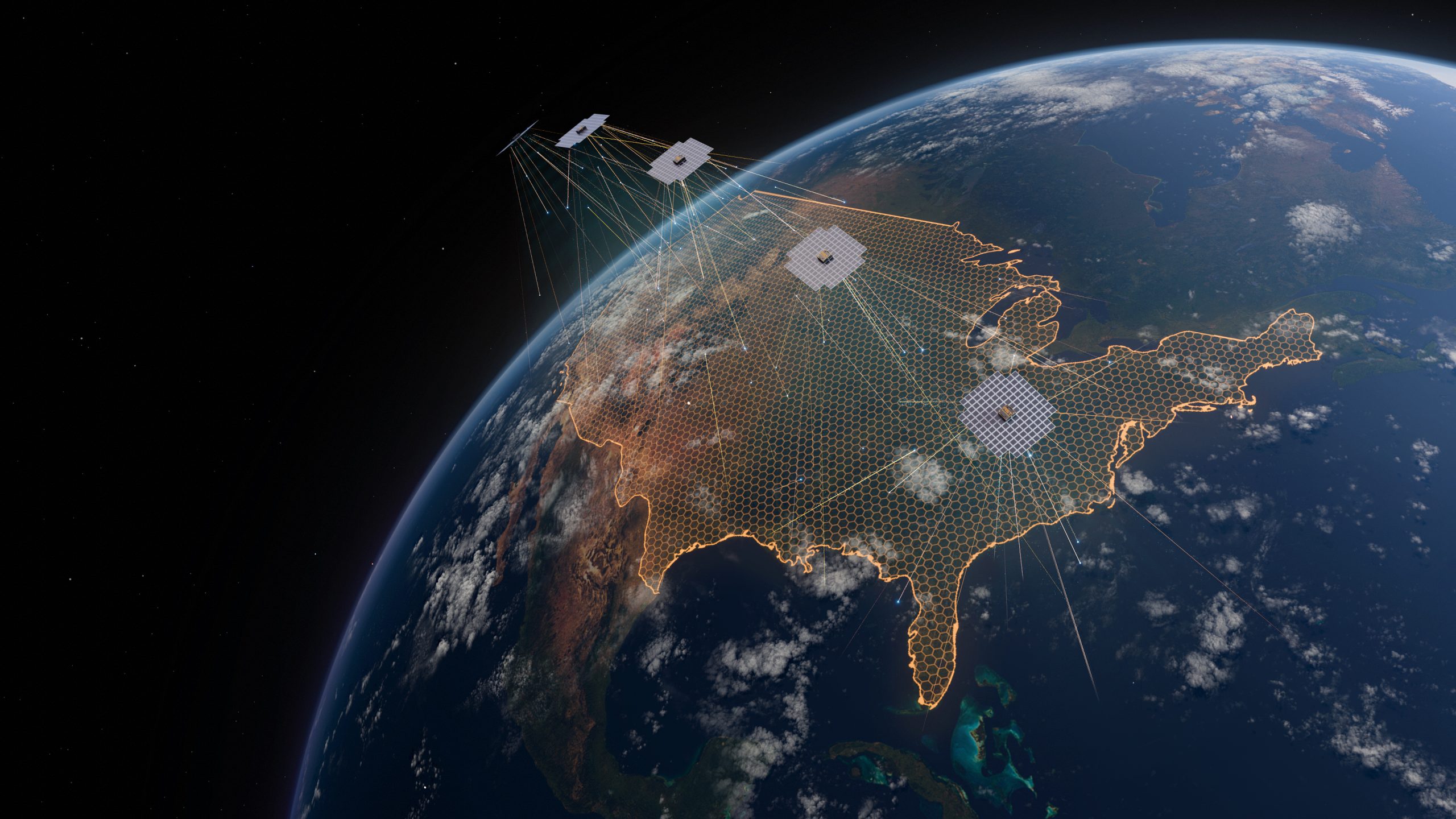 A computer rendering of AST SpaceMobile's five first-generation, Block 1 BlueBird commercial satellites in low Earth orbit. The spacecraft are designed to provide the first-ever space-based cellular broadband service to unmodified mobile phones. Five of the satellites launched on September 12, 2024 and unfolded throughout October 2024. Orange outlines on the United States show fixed cells to which the company plans to provide coverage. Other elements are suggestive of satellite direct-to-cell coverage and connectivity.